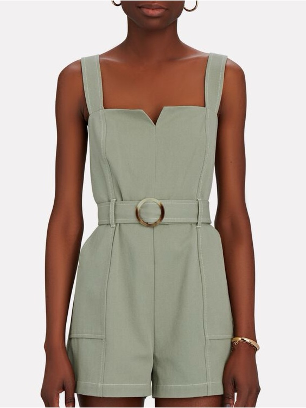 INTERMIX Sage Green Square-Neck Belted Romper